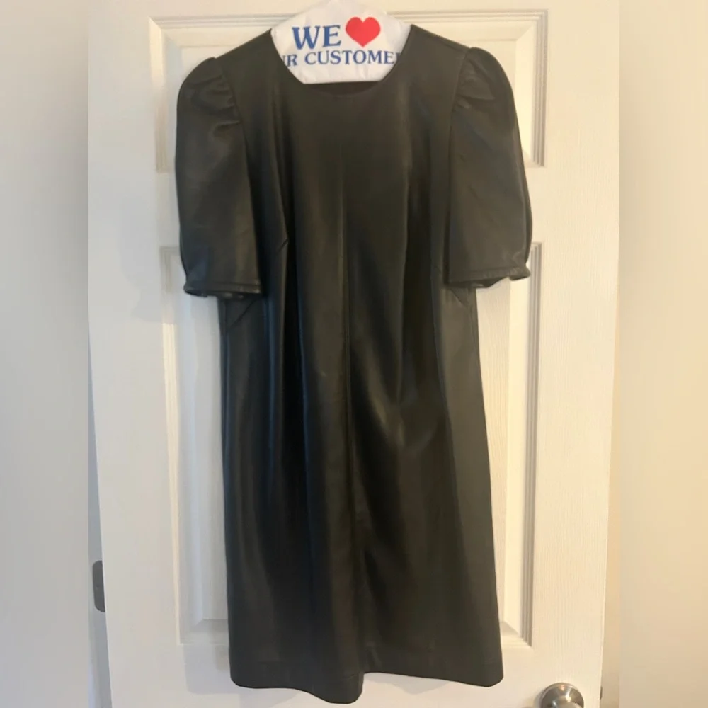 LOFT Black Faux Leather Dress with Puff Sleeves - Picture 1 of 5